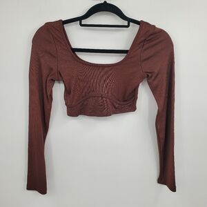 ♧ Bershka bComfy Women's Ribbed Scoop Neck Long Sleeve Brown Crop Top Size Small